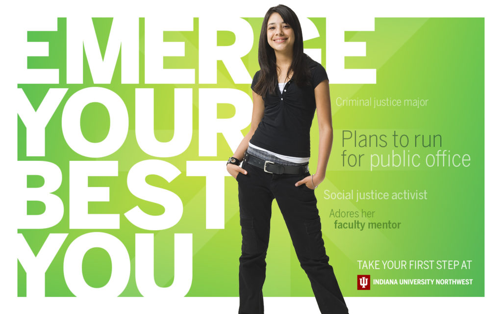 Woman on green background against text that says emerge your best you