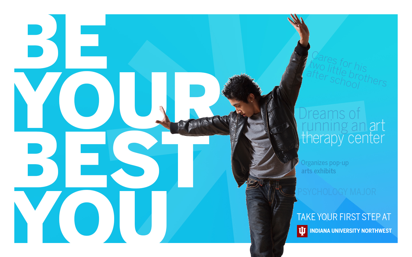 Person poses in front of text that says be your best you.